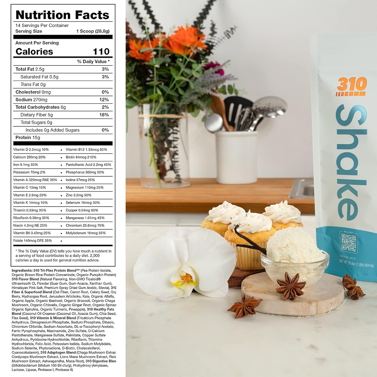 310 Nutrition All-In-One Meal Replacement Shake with Fiber Rich Vegan Superfood Blend, Natural Sweeteners, Low Carb, Keto & Paleo Friendly, Gluten Free, 26 Essential Vitamins