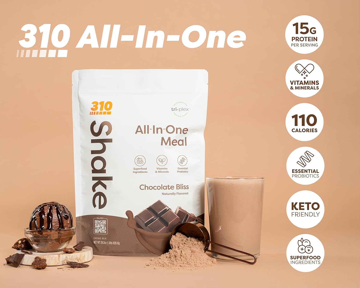 310 Nutrition All-In-One Meal Replacement Shake with Fiber Rich Vegan Superfood Blend, Natural Sweeteners, Low Carb, Keto & Paleo Friendly, Gluten Free, 26 Essential Vitamins