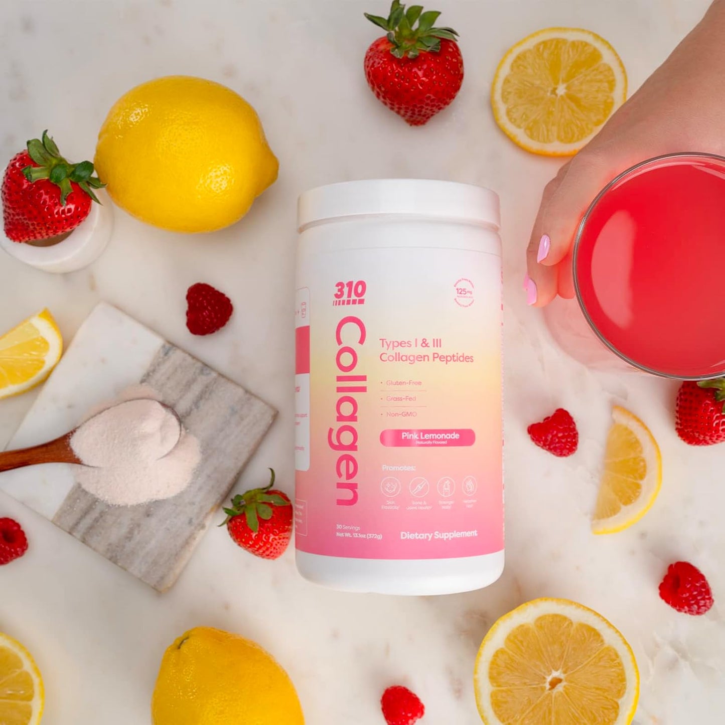310 Nutrition Collagen Peptides Protein Powder Supplement with Multi Collagen Protein, Vitamins C, D, E - Keto Pink Lemonade 30 Servings