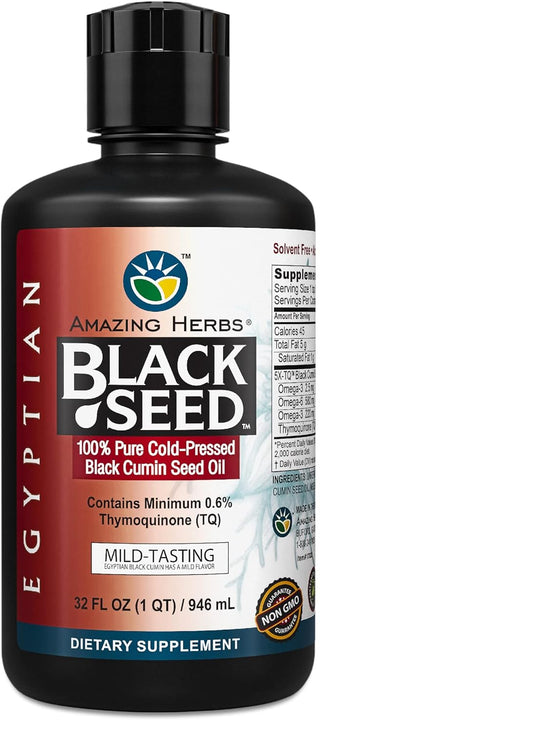32 Fl Oz Amazing Herbs Egyptian Black Seed Oil - Cold Pressed Nigella Sativa for Digestive Health, Immune Support, and Brain Function - Gluten Free & Non GMO