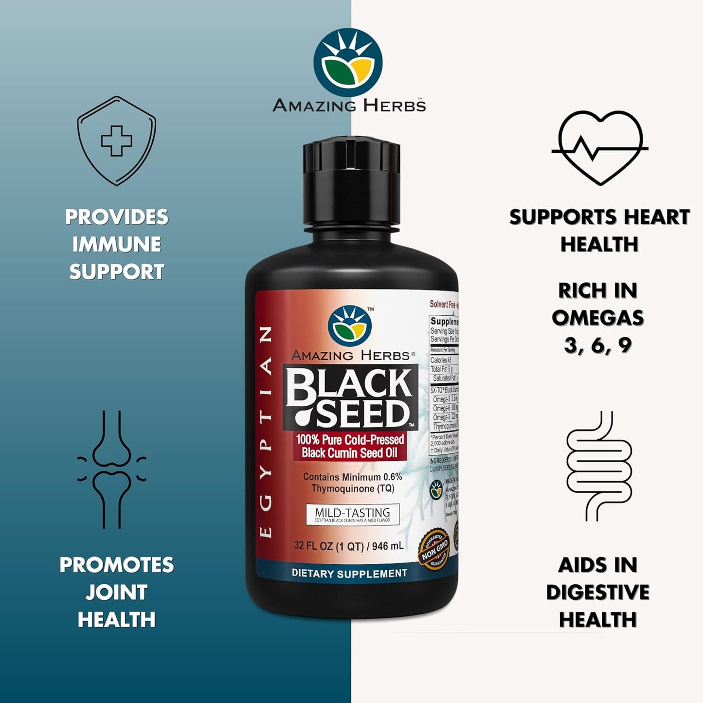 32 Fl Oz Amazing Herbs Egyptian Black Seed Oil - Cold Pressed Nigella Sativa for Digestive Health, Immune Support, and Brain Function - Gluten Free & Non GMO