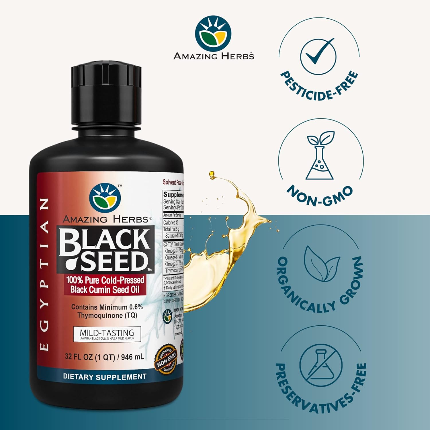 32 Fl Oz Amazing Herbs Egyptian Black Seed Oil - Cold Pressed Nigella Sativa for Digestive Health, Immune Support, and Brain Function - Gluten Free & Non GMO