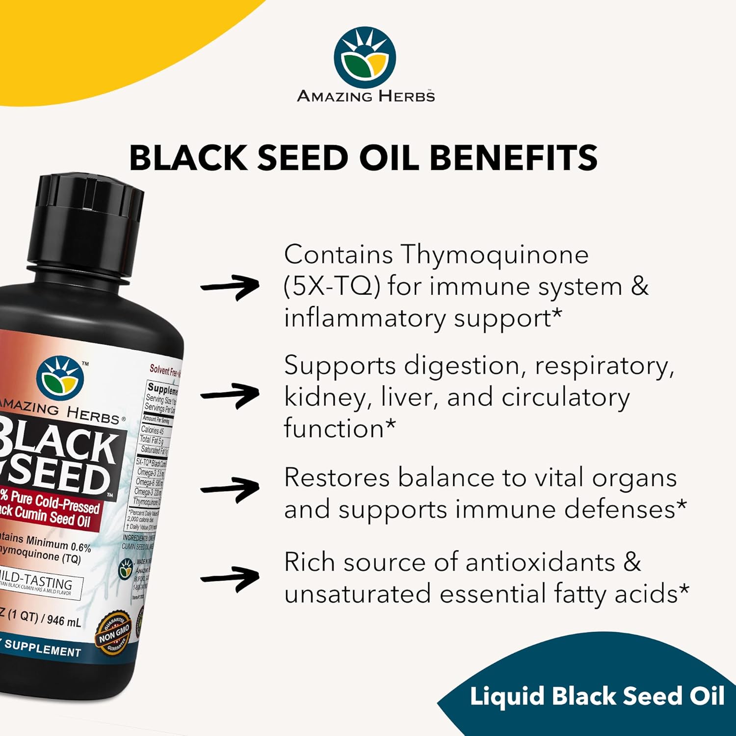 32 Fl Oz Amazing Herbs Egyptian Black Seed Oil - Cold Pressed Nigella Sativa for Digestive Health, Immune Support, and Brain Function - Gluten Free & Non GMO