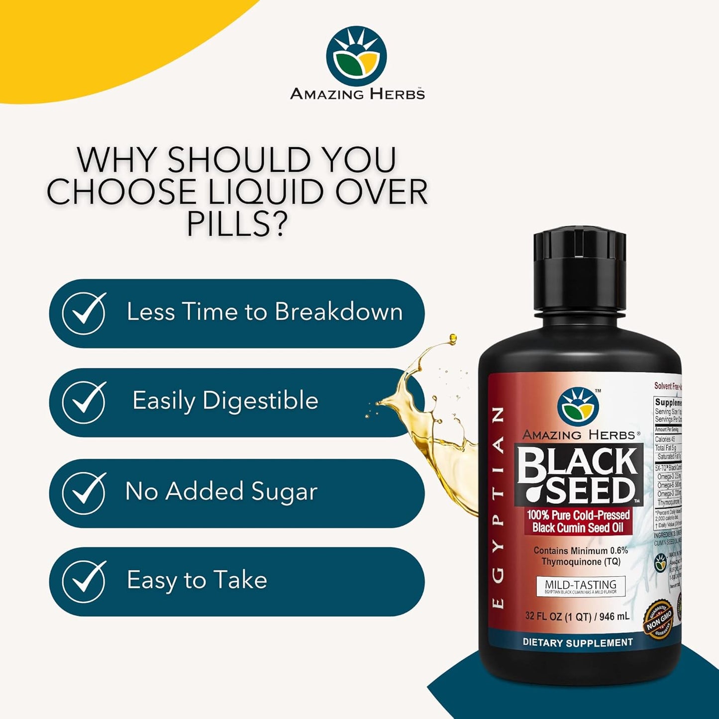 32 Fl Oz Amazing Herbs Egyptian Black Seed Oil - Cold Pressed Nigella Sativa for Digestive Health, Immune Support, and Brain Function - Gluten Free & Non GMO