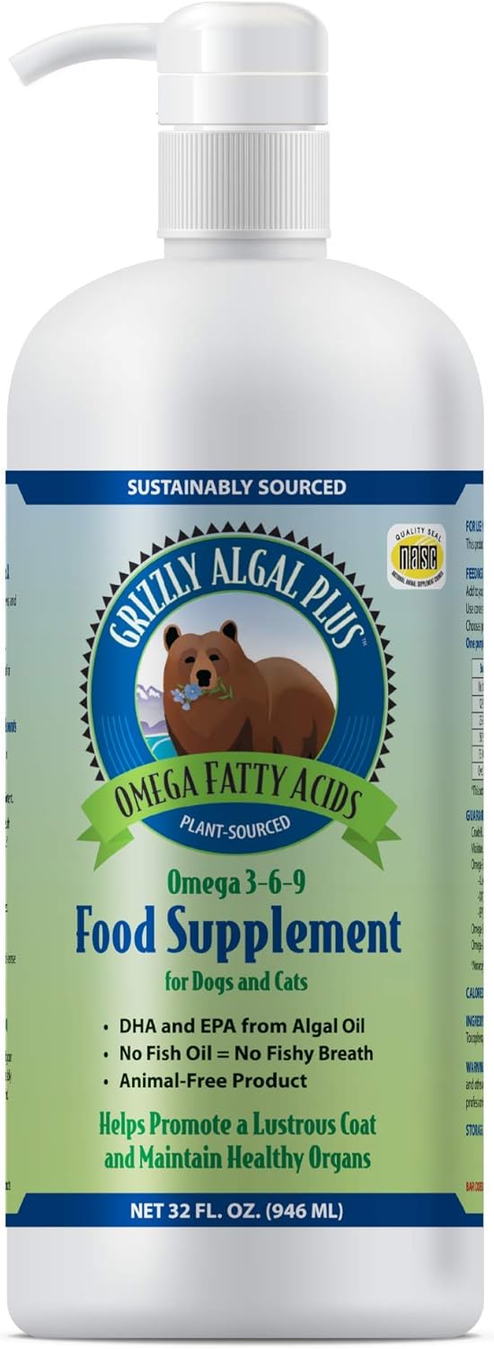 32 oz Grizzly Algal Plus Omega Fatty Acids Supplement for Dogs & Cats - All-Natural Algal Oil Omega 3-6-9 for Healthy Skin & Coat - Vegan & Made in USA