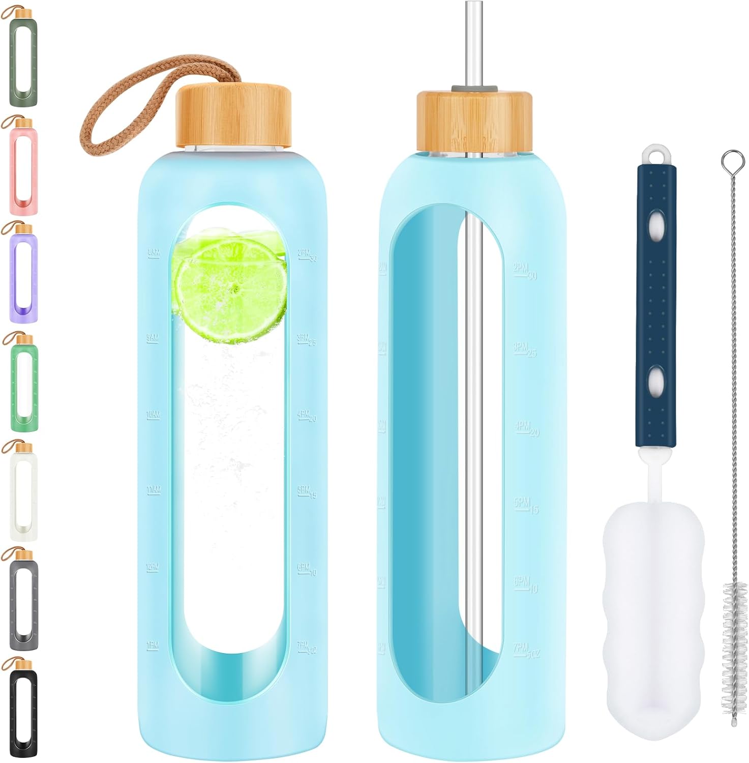 32 oz OxyFlask Glass Water Bottle with Silicone Sleeve, Straw, Bamboo Lids - 1L Daily Intake Marker Bottle