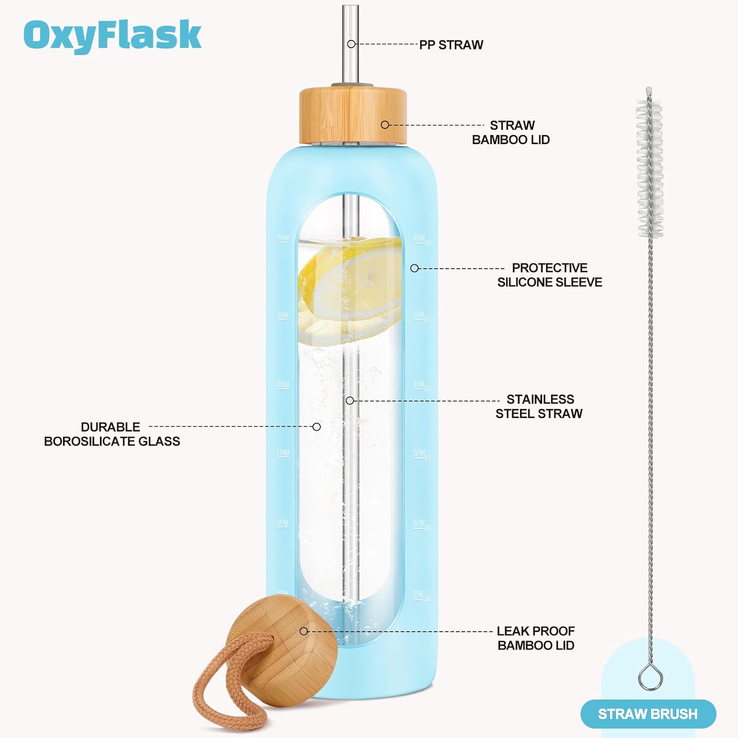 32 oz OxyFlask Glass Water Bottle with Silicone Sleeve, Straw, Bamboo Lids - 1L Daily Intake Marker Bottle