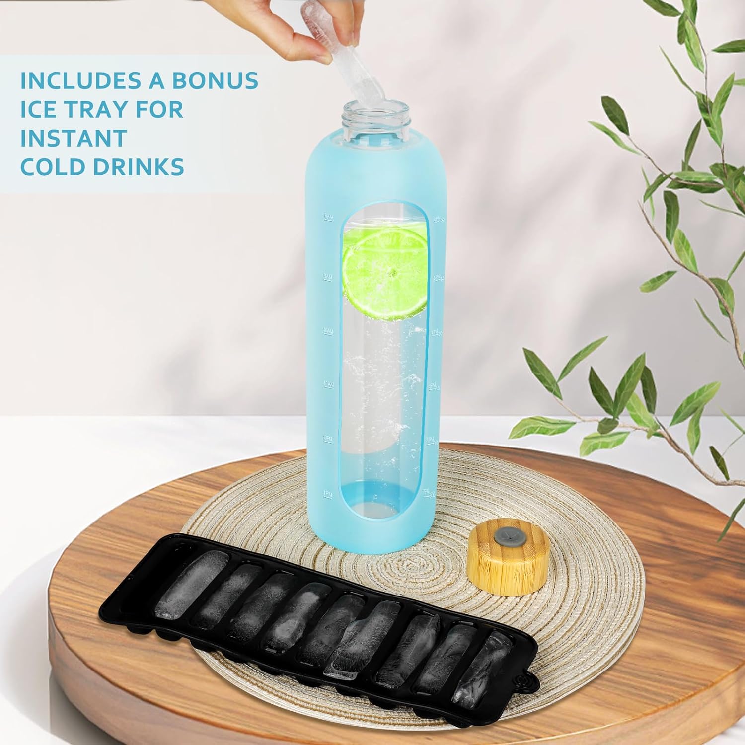 32 oz OxyFlask Glass Water Bottle with Silicone Sleeve, Straw, Bamboo Lids - 1L Daily Intake Marker Bottle