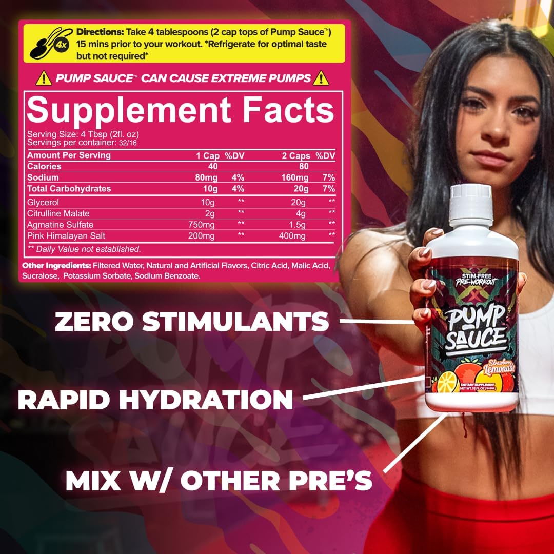 32 oz Strawberry Lemonade Pump Sauce Pre-Workout - Caffeine-Free, Full Spectrum Liquid, Gluten-Free, Vegan, Zero Sugar
