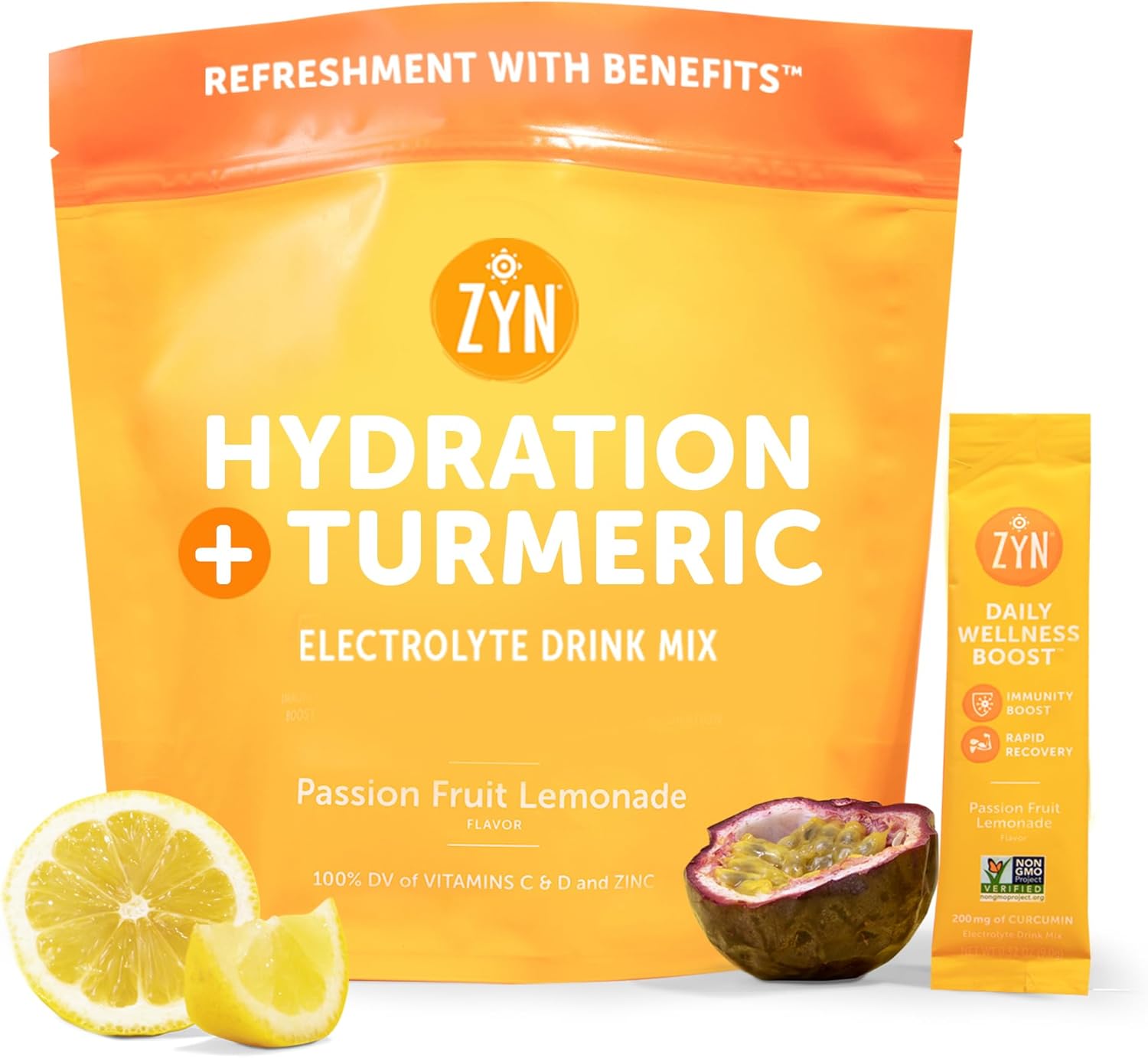 32-Serving ZYN Electrolyte Drink Mix Packets with Passion Fruit Lemonade Flavor - Hydration Powder with Turmeric Curcumin, Vitamin C & D, Zinc for Hydration & Recovery