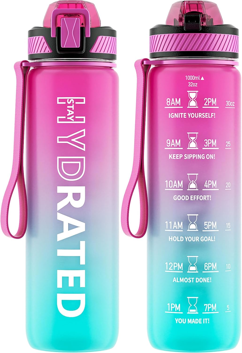 32oz Motivational Water Bottle with Time Marker and Straw - Tritan BPA Free Sports Bottle for Women - LeakProof, Carry Strap, 1L Capacity - Ideal for Gym, Fitness, Outdoor Activities