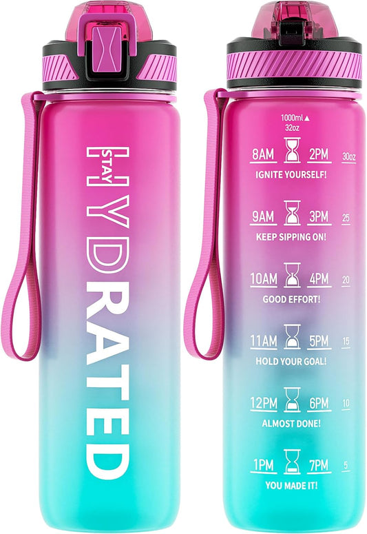 32oz Motivational Water Bottle with Time Marker and Straw - Tritan BPA Free Sports Bottle for Women - LeakProof, Carry Strap, 1L Capacity - Ideal for Gym, Fitness, Outdoor Activities