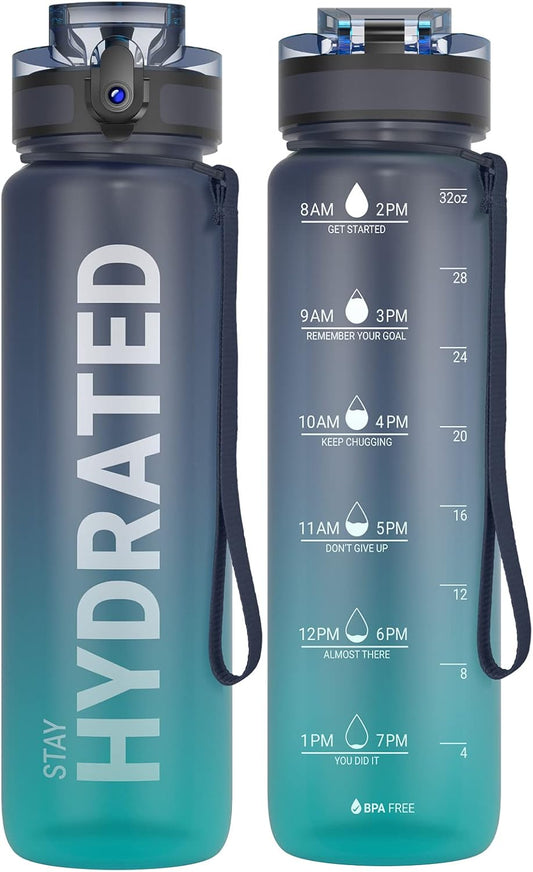 32oz Sahara Sailor Water Bottle with Time Marker, Leakproof Tritan, BPA Free - Ideal for Gym, Travel, School, Office - Easy Clean Brush Included