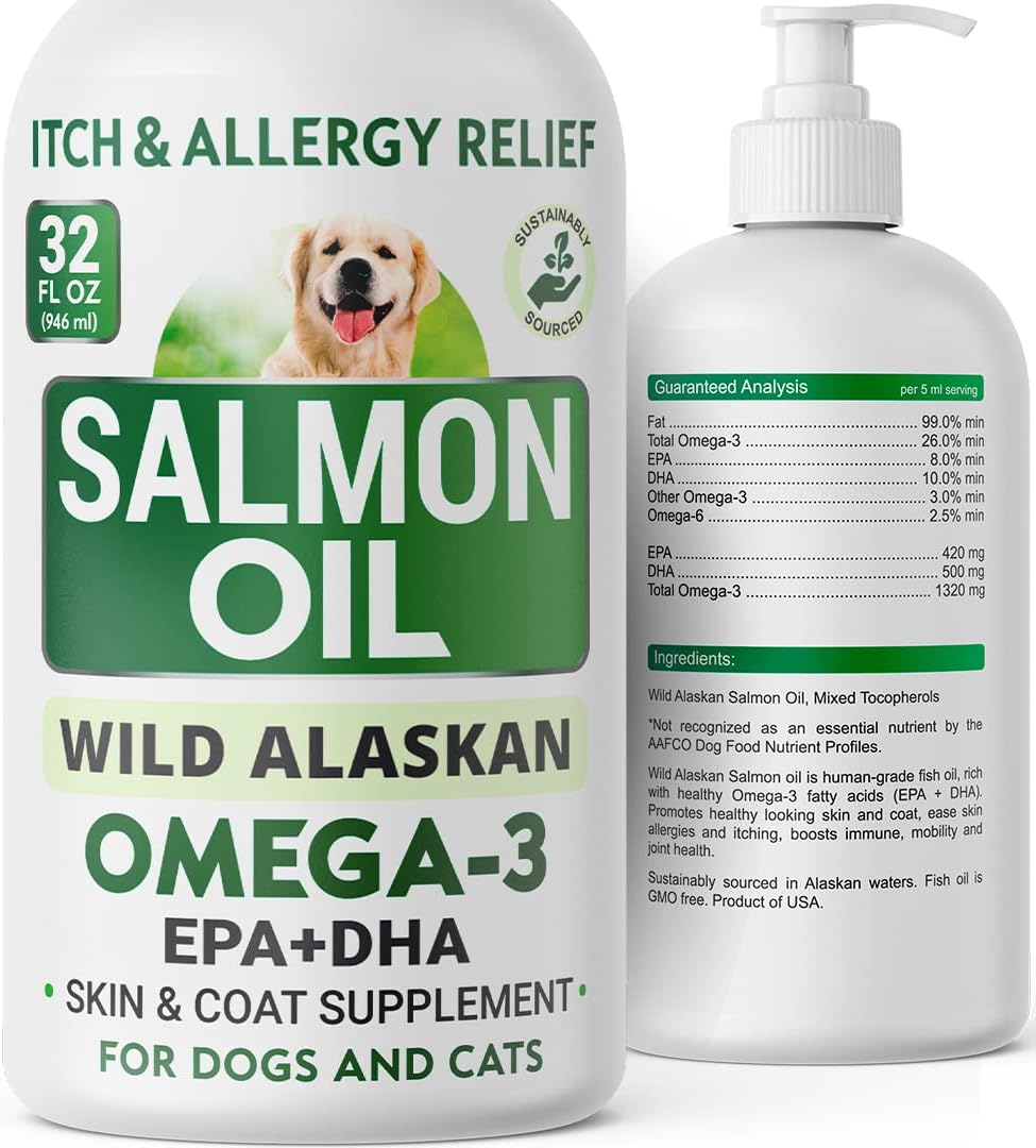 32oz Salmon Oil + 120 Glucosamine Treats Bundle for Skin & Coat Support, Joint Pain Relief - EPA, DHA Fatty Acids, Chondroitin, Omega-3 - Advanced Health for Immune, Heart, Joints - Made in USA