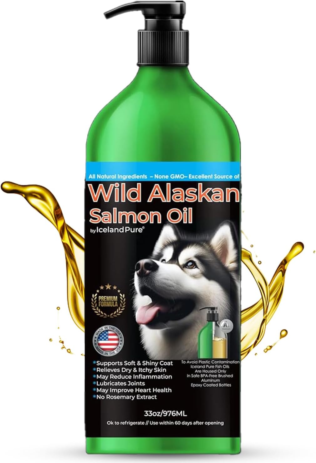 33oz Iceland Pure Wild Alaskan Salmon Oil for Dogs & Cats, Omega-3 Liquid Supplement, Boosts Immune System & Heart Health