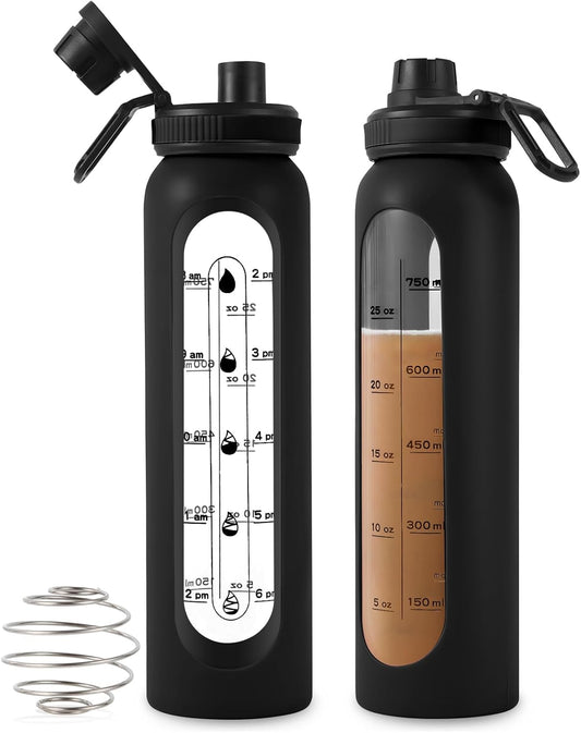 34oz RhythmFit Glass Shaker Bottle with 304SS Ball, BPA-Free Blender for Protein Mixes, Includes Retractable Cleaning Brush - Black