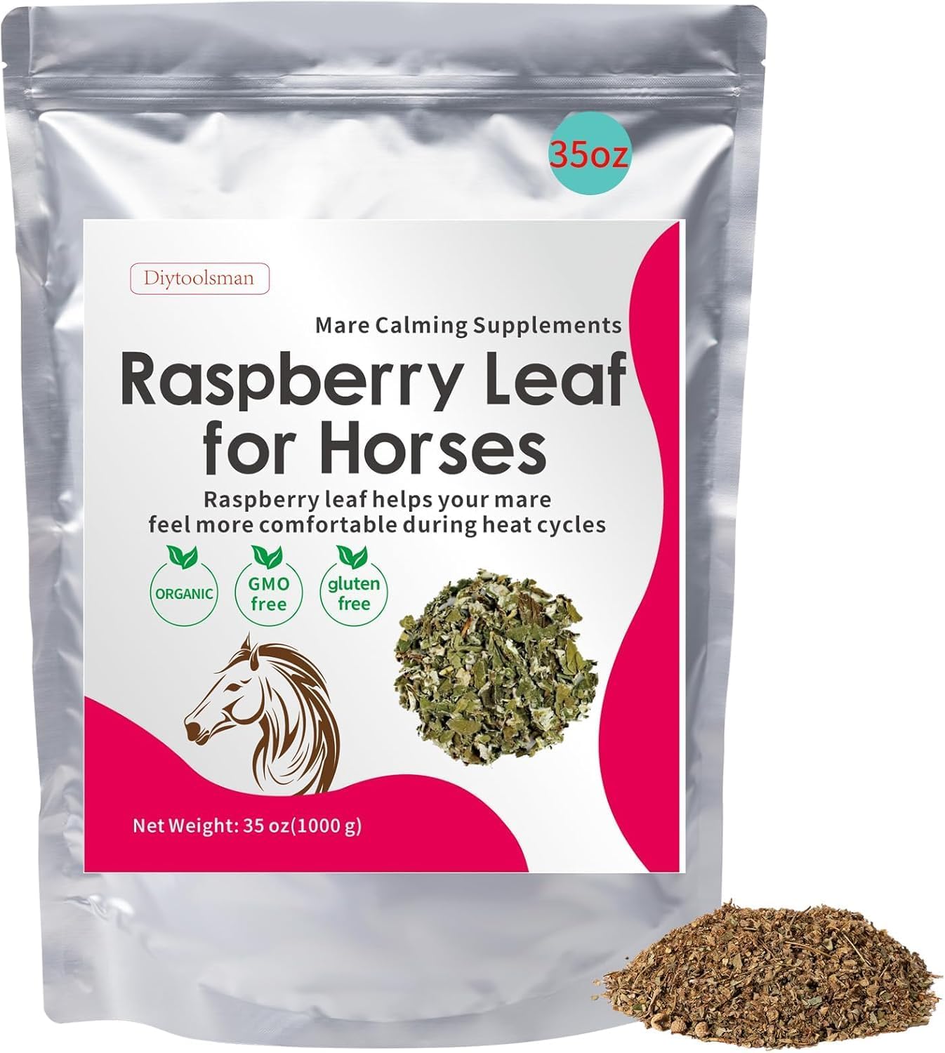 35 OZ Horse Calming Supplement with Natural Raspberry Leaves - Eases Anxiety and Irritability in Mares During Heat Cycles