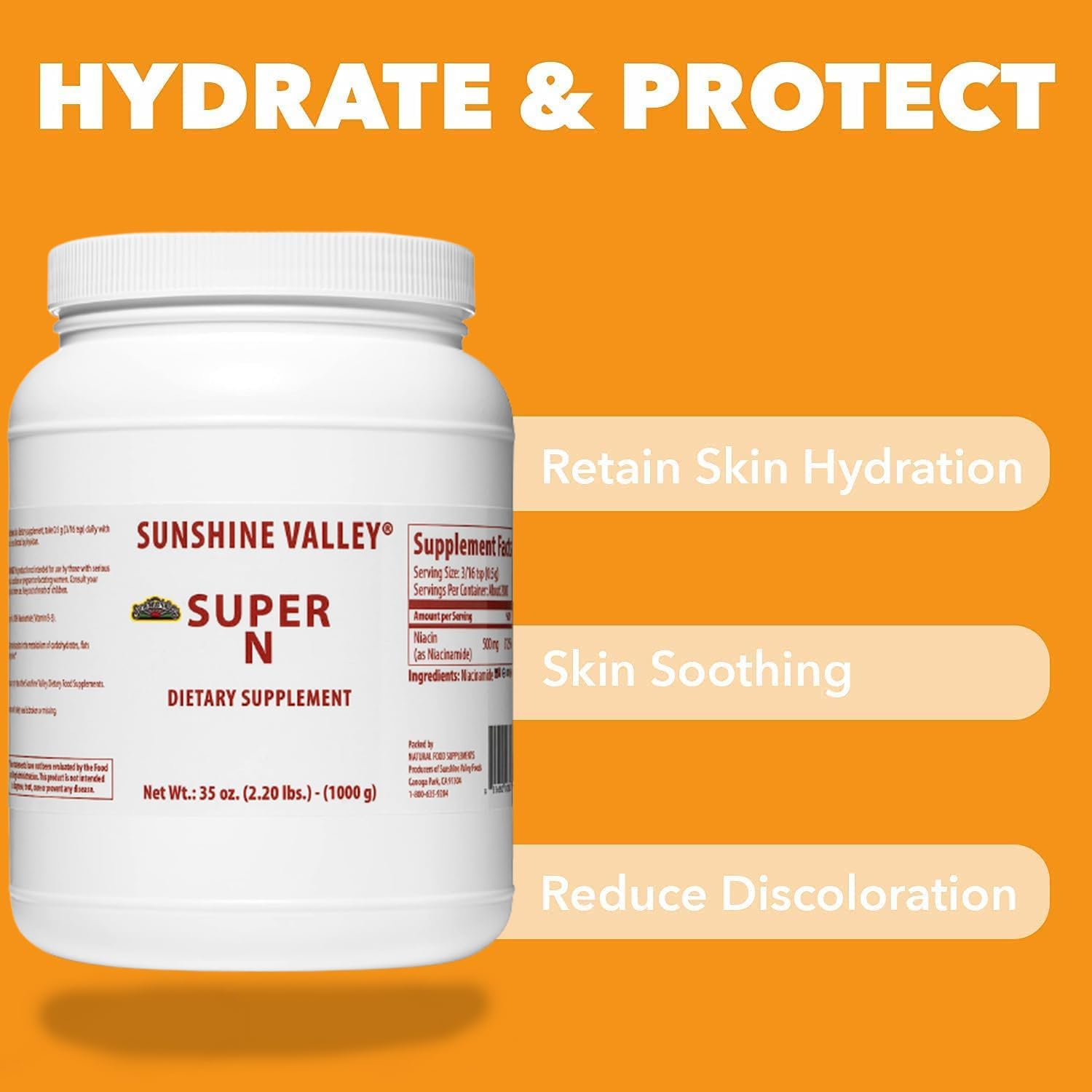 35 oz Sunshine Valley Super N Niacinamide Powder - Niacin Vitamin B3 Supplement for Energy, Digestion, Anti-Aging & Skin - Natural, Gluten-Free, Flush-Free