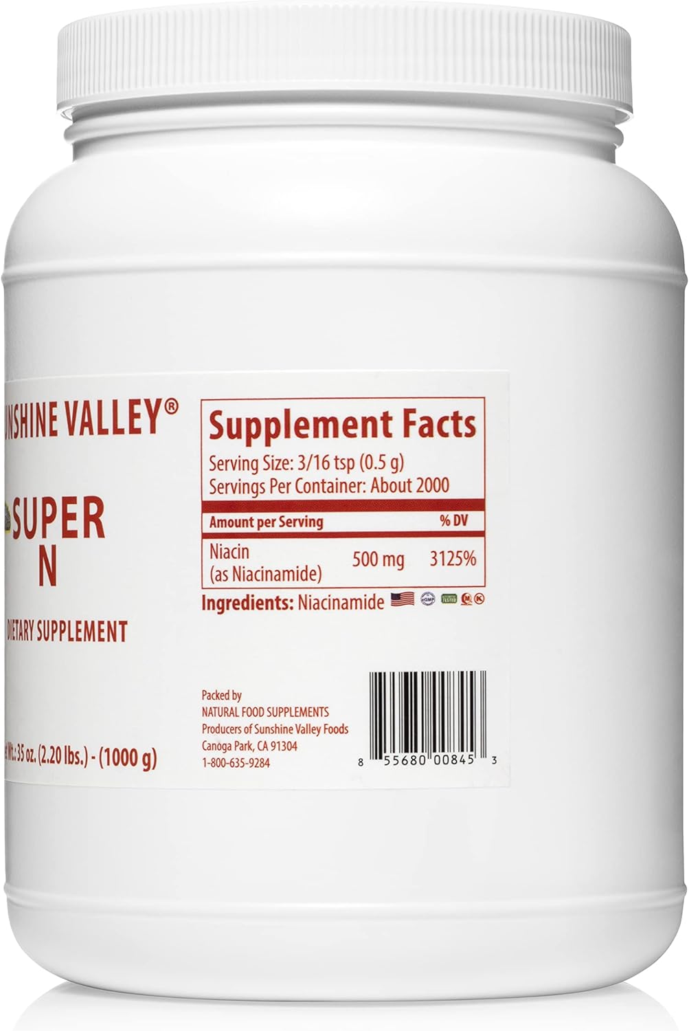 35 oz Sunshine Valley Super N Niacinamide Powder - Niacin Vitamin B3 Supplement for Energy, Digestion, Anti-Aging & Skin - Natural, Gluten-Free, Flush-Free