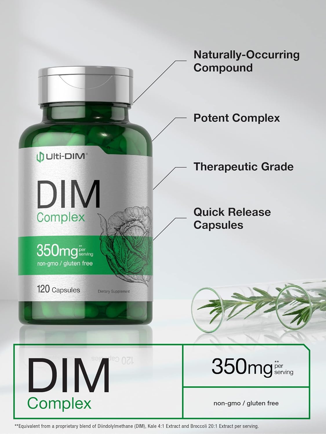 350mg Horbäach DIM Supplement for Women & Men - 120 Capsules with Diindolylmethane, Broccoli, and Kale - Non-GMO, Gluten Free