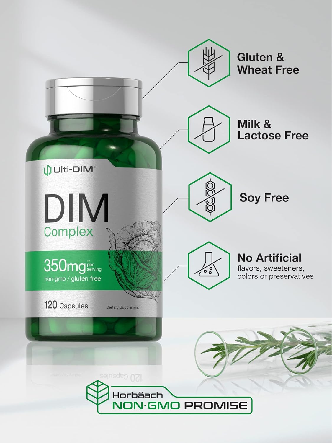 350mg Horbäach DIM Supplement for Women & Men - 120 Capsules with Diindolylmethane, Broccoli, and Kale - Non-GMO, Gluten Free