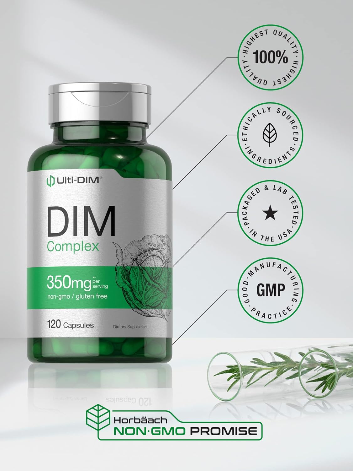 350mg Horbäach DIM Supplement for Women & Men - 120 Capsules with Diindolylmethane, Broccoli, and Kale - Non-GMO, Gluten Free