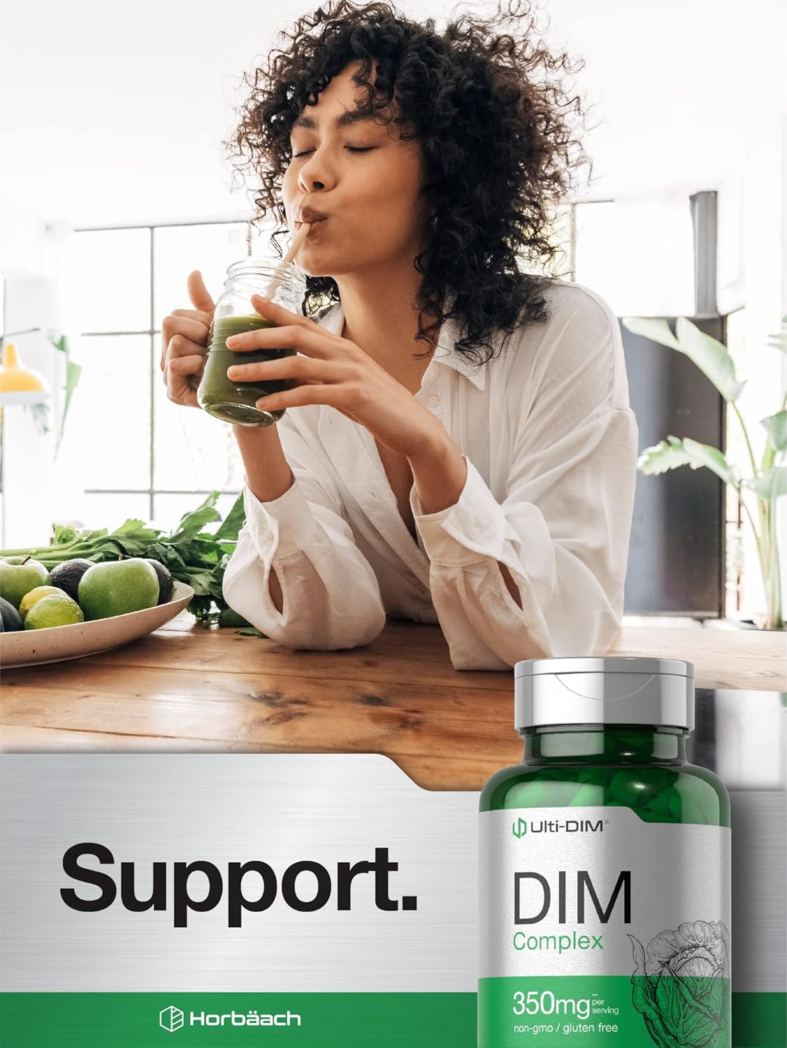 350mg Horbäach DIM Supplement for Women & Men - 120 Capsules with Diindolylmethane, Broccoli, and Kale - Non-GMO, Gluten Free