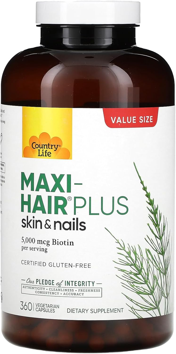 360 Capsules Country Life Maxi-Hair Plus with 5000 mcg Biotin - Certified Gluten Free & Vegetarian