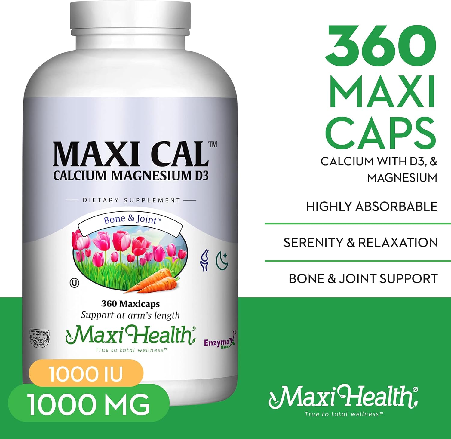 360 Capsules Maxi Health Calcium 1000mg with Vitamin D3 and Magnesium - Bone, Teeth, and Joint Support for Men and Women - Maxi Cal Supplement