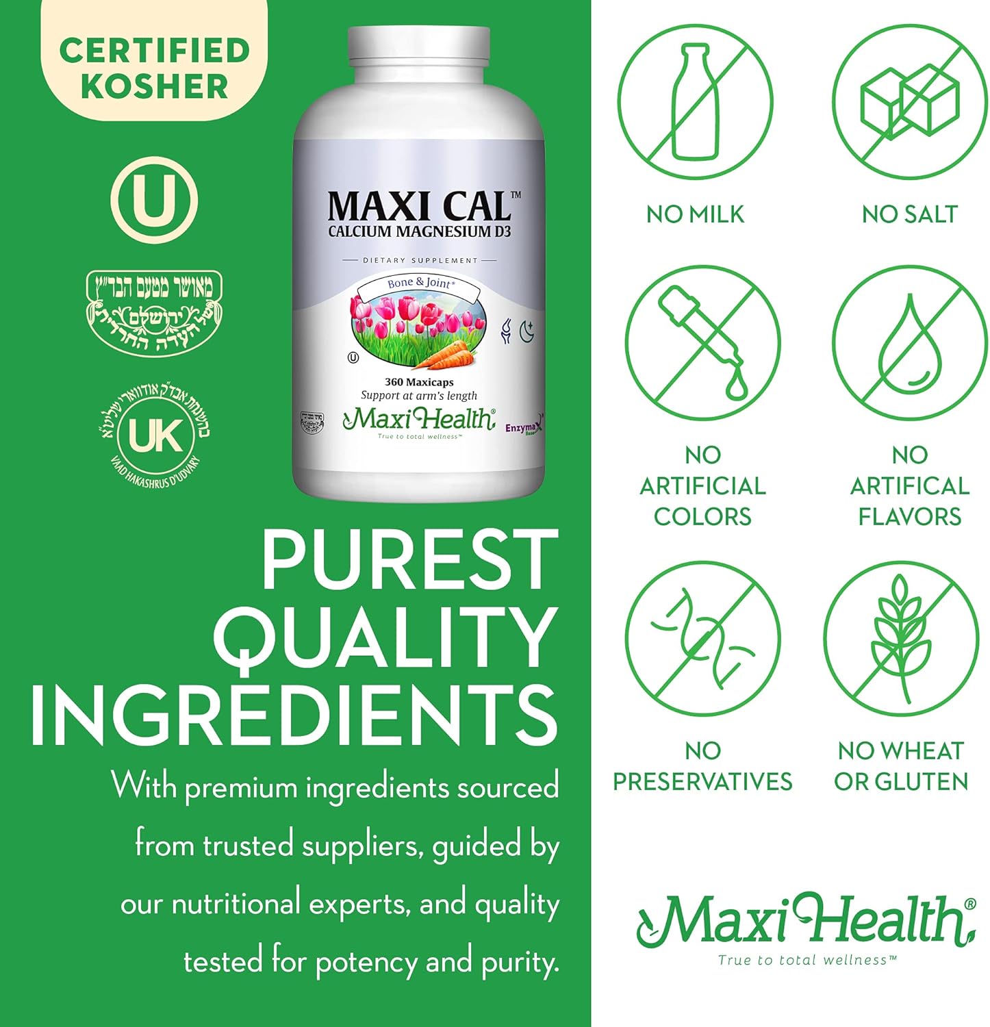 360 Capsules Maxi Health Calcium 1000mg with Vitamin D3 and Magnesium - Bone, Teeth, and Joint Support for Men and Women - Maxi Cal Supplement