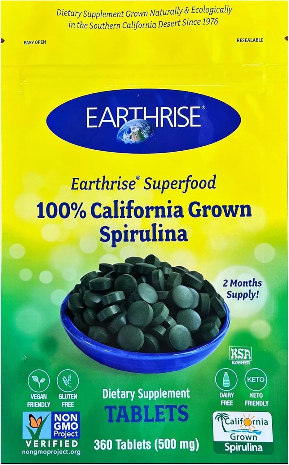 360 Count Earthrise Superfood Spirulina 500mg Tablets - Premium California Grown, Vegan, Gluten Free, Keto Friendly, Non-GMO - Packed with Vitamins & Minerals