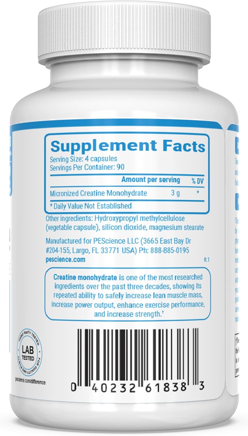 360 Count PEScience TruCreatine Capsules with Creapure Micronized Creatine Monohydrate for Strength and Muscle Growth
