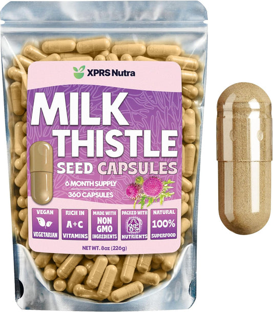 360 Count XPRS Nutra Milk Thistle Seed Capsules - Premium Liver Support Supplement with Silymarin - Non-GMO Cardo Mariano Pills for Digestion (6 Month Supply)