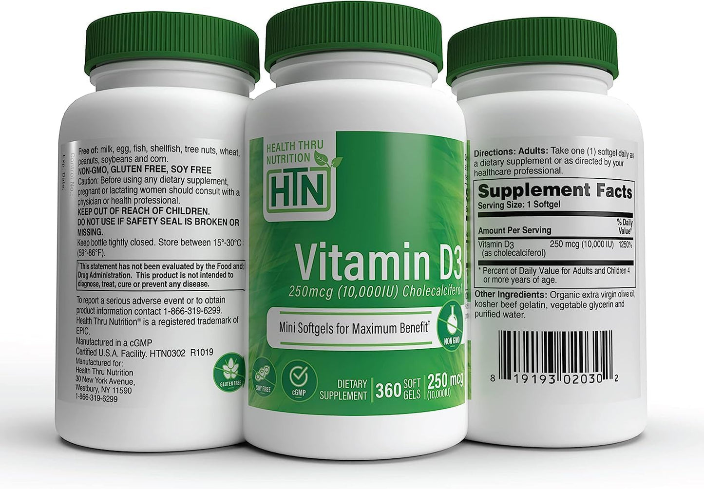 360 Mini Softgels Health Thru Nutrition Vitamin D3 10,000iu for Immune Support | Non-GMO Cholecalciferol | USP Grade EVOO | 3rd Party Tested