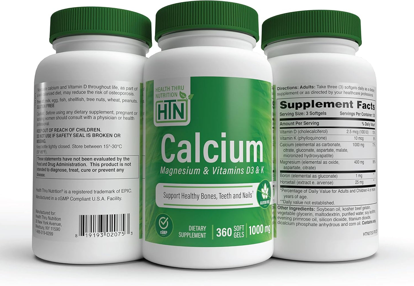 360 Softgels Health Thru Nutrition Calcium 1000mg & Magnesium 400mg with Vitamin D3 & K - 4 Month Supply
