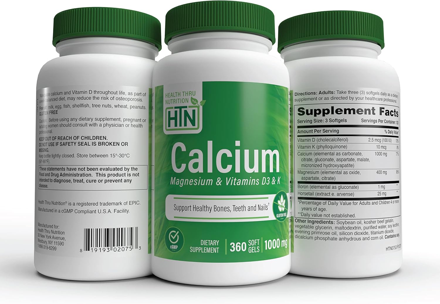 360 Softgels Health Thru Nutrition Calcium 1000mg & Magnesium 400mg with Vitamin D3 & K - 4 Month Supply