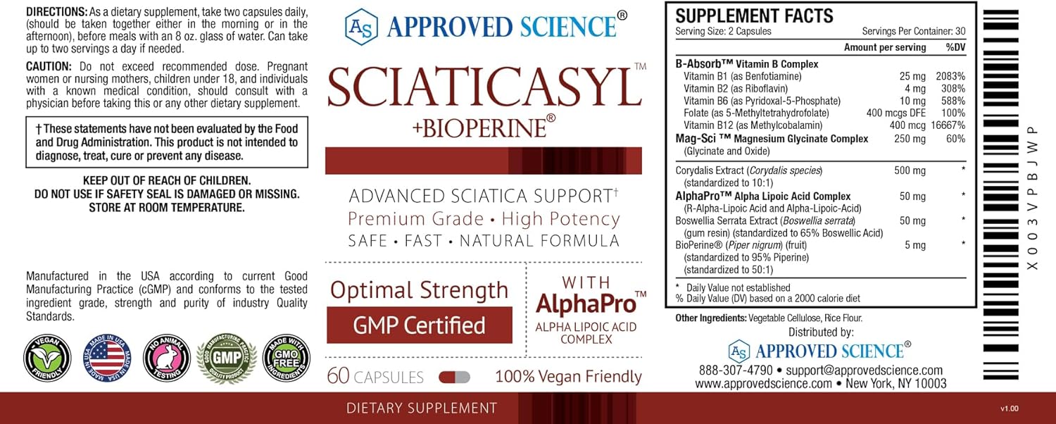 360 Vegan Capsules for Optimal Sciatic Nerve Support with B Vitamins, Magnesium, and Alpha-Lipoic Acid - Approved Science Sciaticasyl with BioPerine