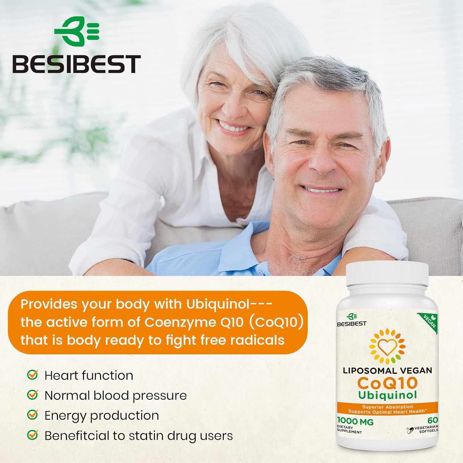360 Vegan Softgels of Besibest 1000mg Liposomal CoQ10 Ubiquinol for Heart Function & Energy Production