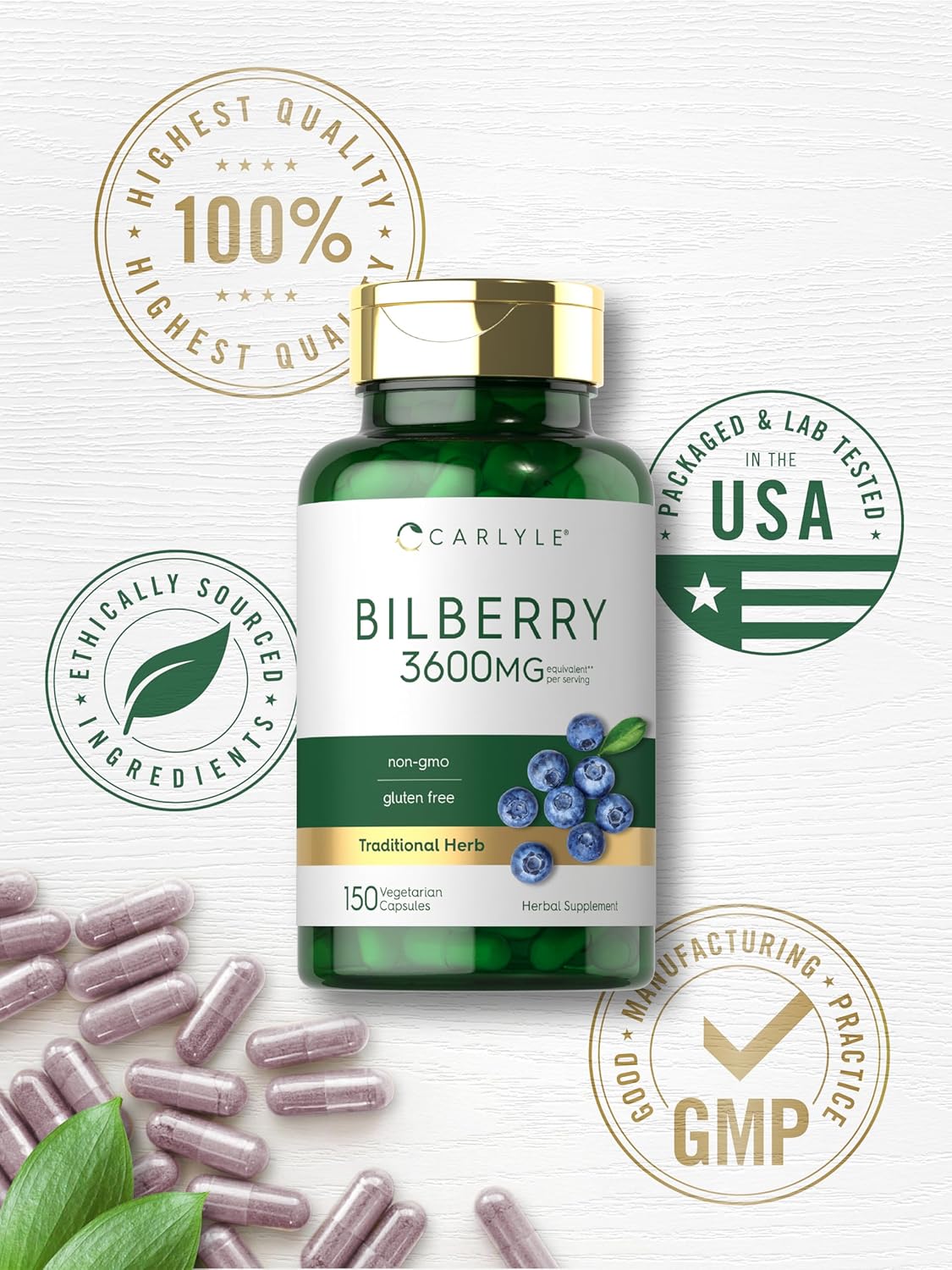 3600mg Carlyle Bilberry Extract Capsules - 150 Count - Vegetarian, Non-GMO & Gluten Free Fruit Supplement