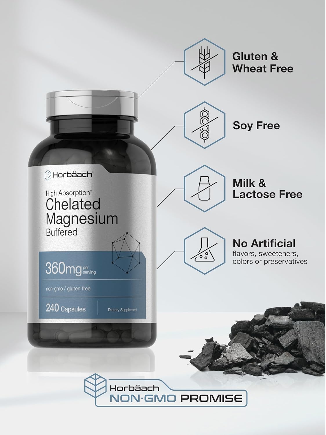 360mg Horbäach Chelated Magnesium Capsules - 240 Count - Non-GMO & Gluten Free Supplement