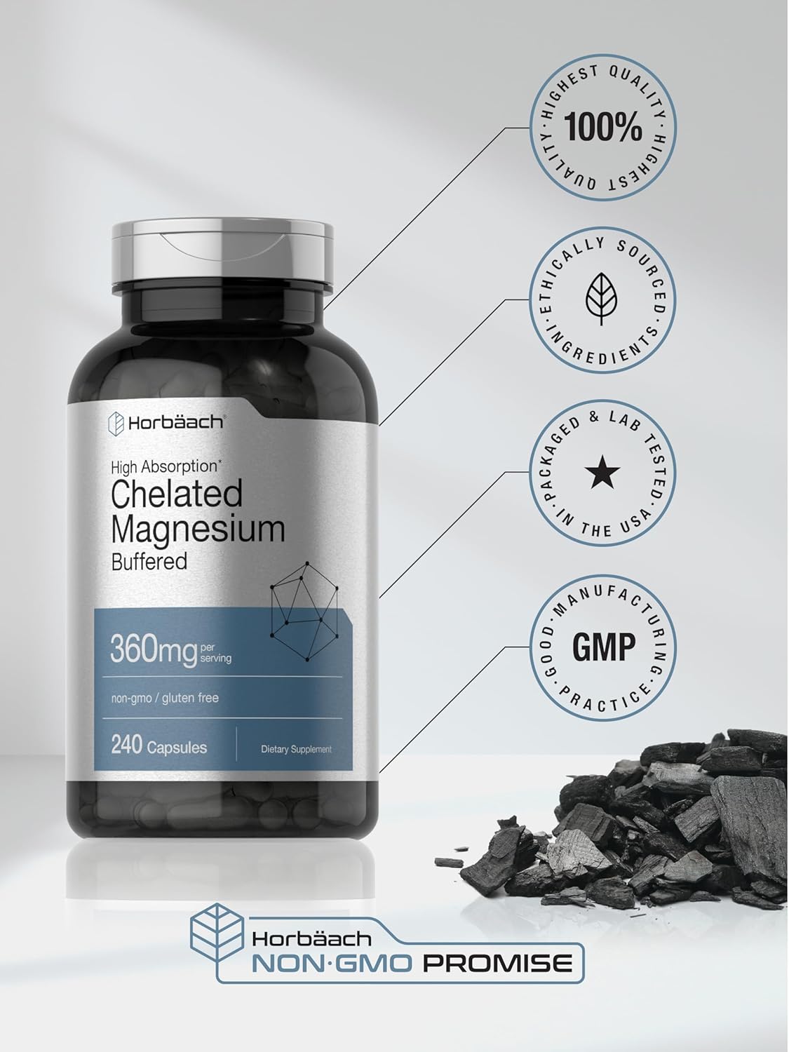 360mg Horbäach Chelated Magnesium Capsules - 240 Count - Non-GMO & Gluten Free Supplement