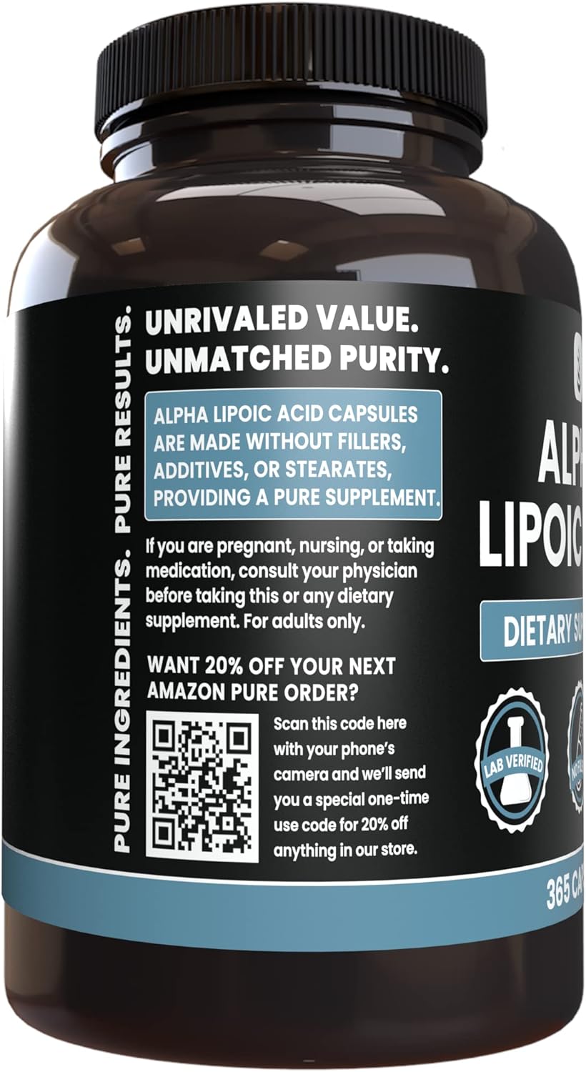 365 Capsules Alpha Lipoic Acid Supplement - Pure Ingredients, No Fillers - Lab Verified