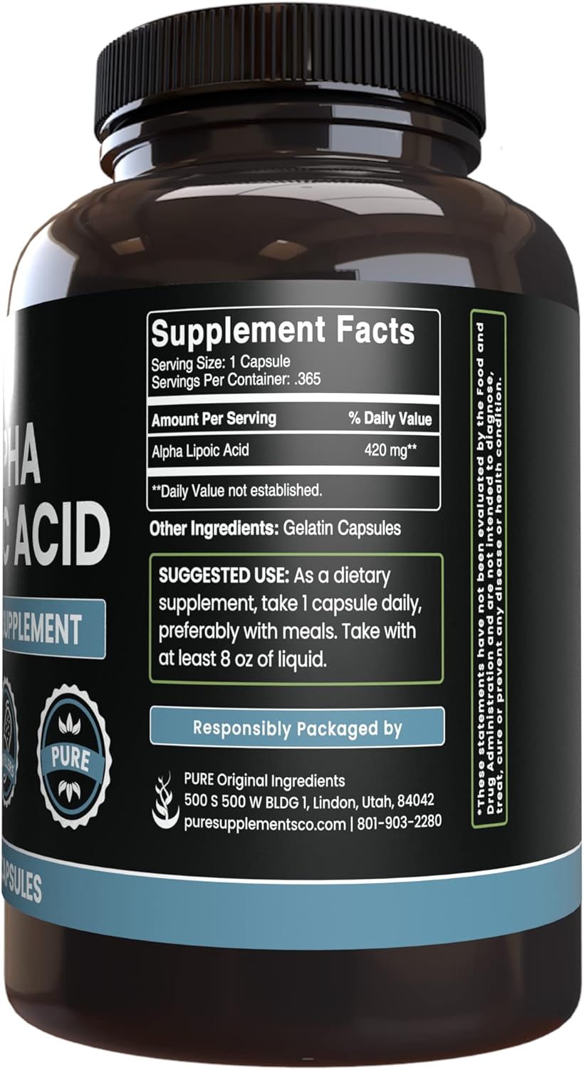 365 Capsules Alpha Lipoic Acid Supplement - Pure Ingredients, No Fillers - Lab Verified