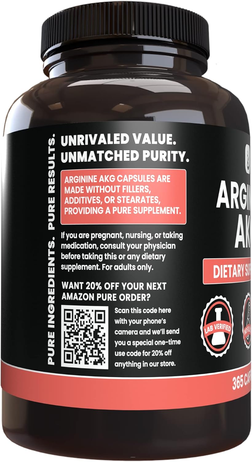 365 Capsules of Pure Arginine AAKG Supplement - No Magnesium or Rice Fillers - Lab Verified Quality