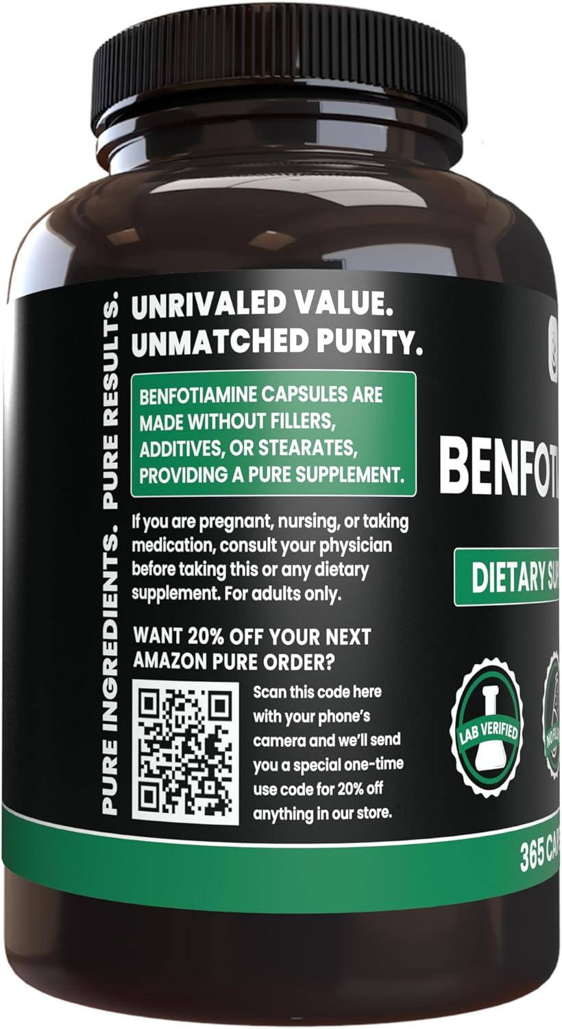 365 Capsules of Pure Benfotiamine with No Magnesium or Rice Fillers - Lab Verified Pure Original Ingredients