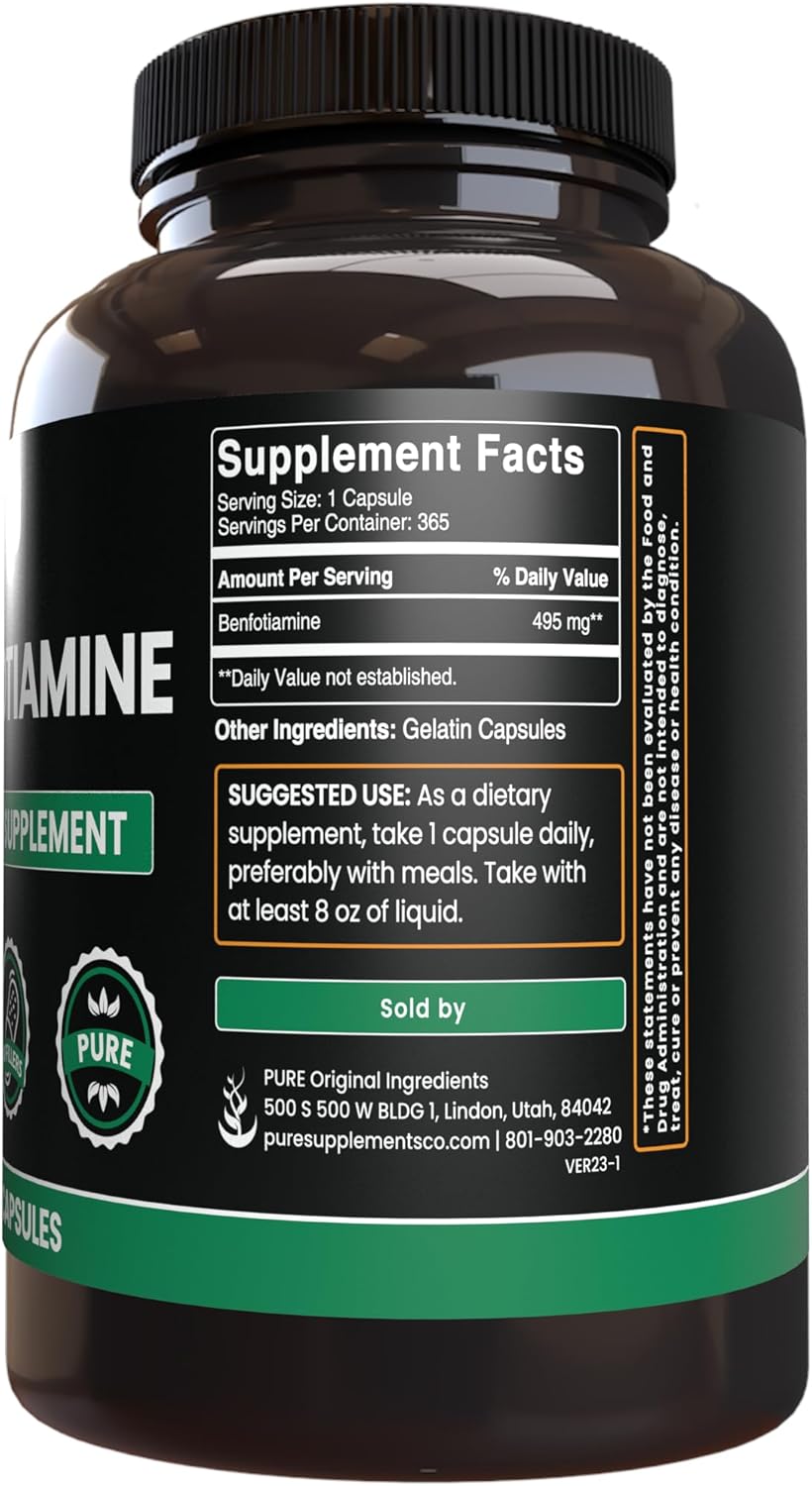 365 Capsules of Pure Benfotiamine with No Magnesium or Rice Fillers - Lab Verified Pure Original Ingredients