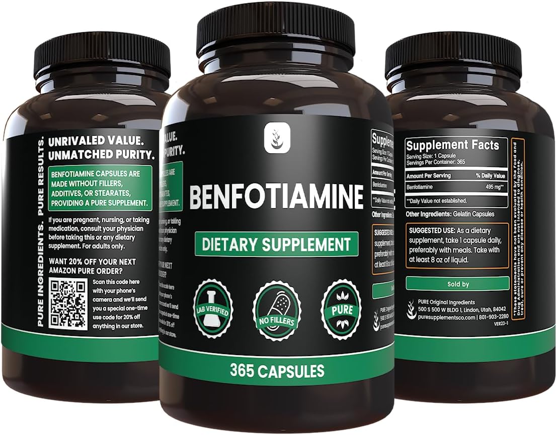 365 Capsules of Pure Benfotiamine with No Magnesium or Rice Fillers - Lab Verified Pure Original Ingredients