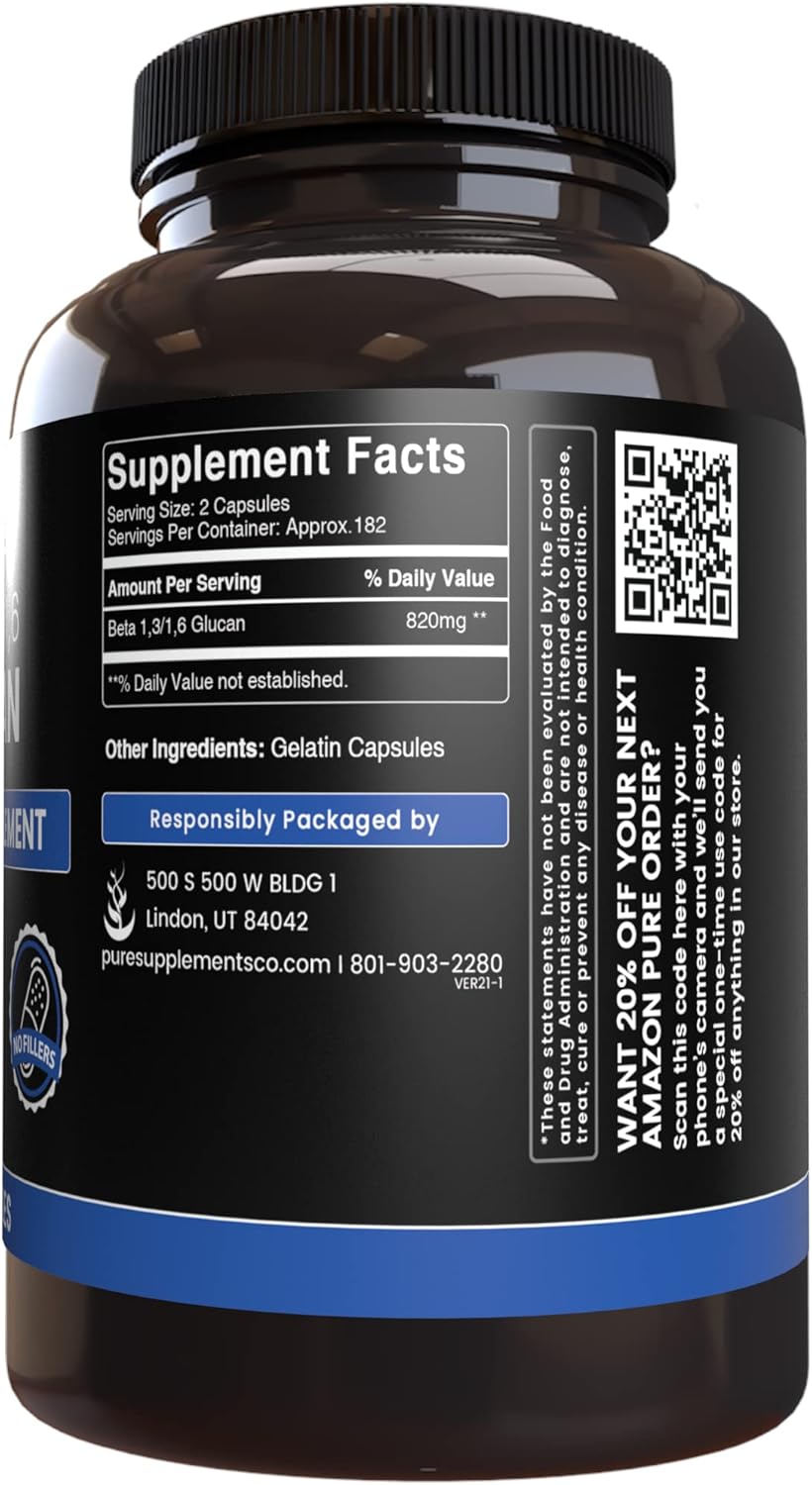 365 Capsules of Pure Beta Glucan 1,3/1,6 with Original Ingredients, Lab Verified, No Magnesium or Rice Fillers