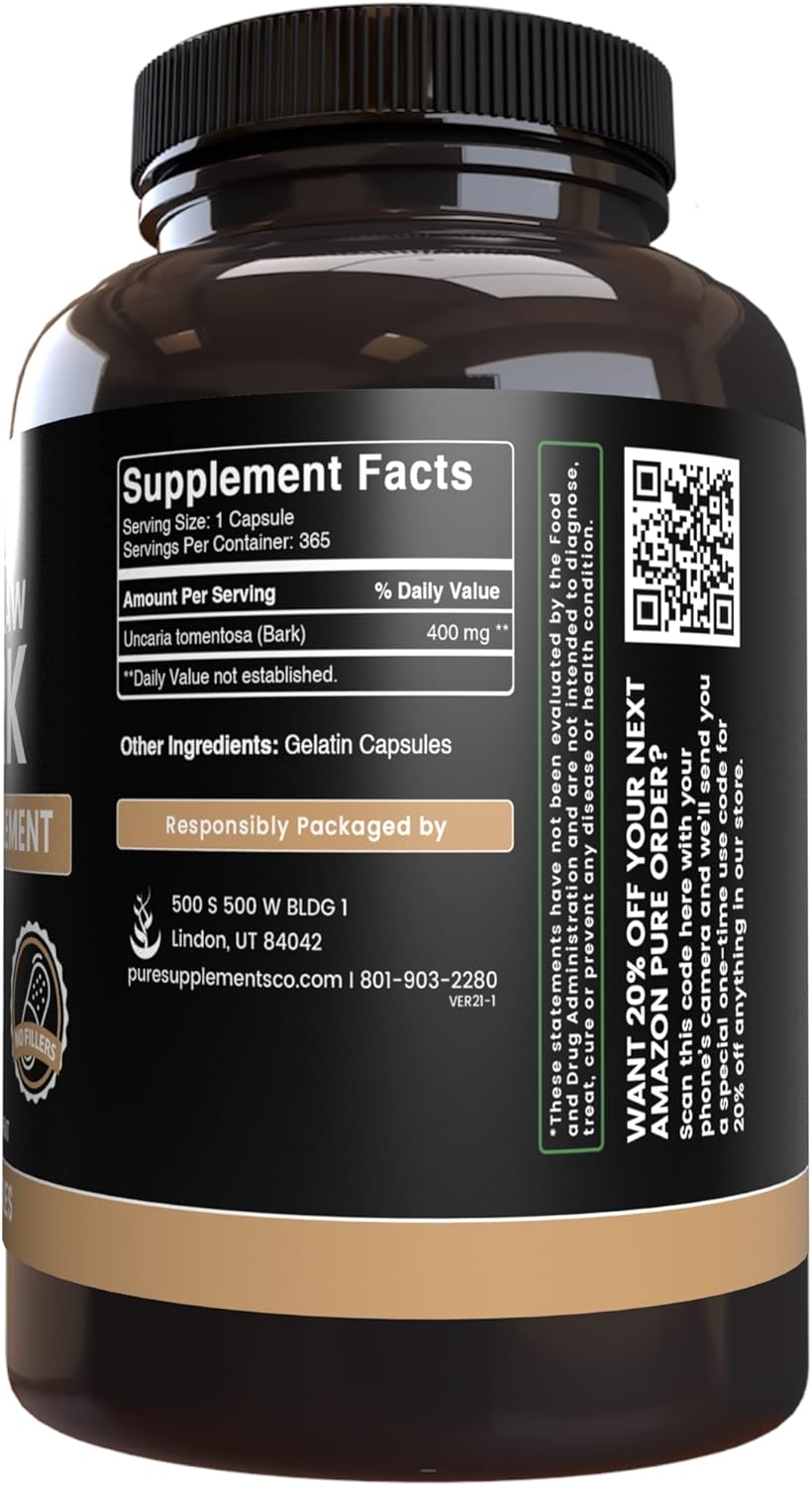 365 Capsules of Pure Cat's Claw Bark with Original Ingredients, No Fillers, Lab Verified