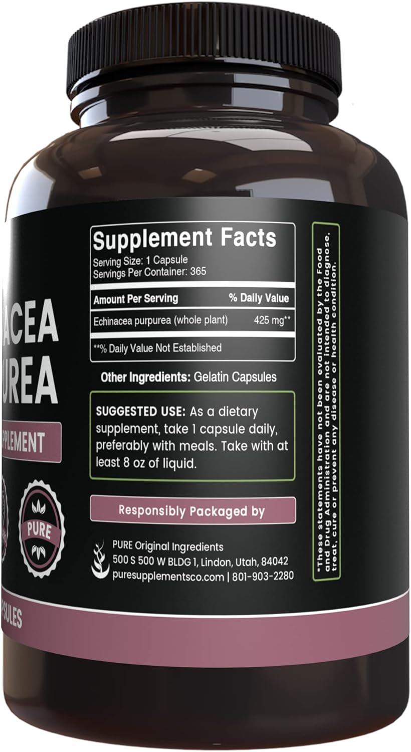 365 Capsules of Pure Echinacea Purpurea with No Magnesium or Rice Fillers - Lab Verified